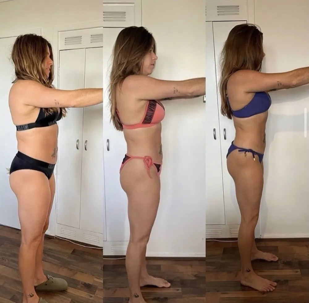 Louise Yerby's own body transformation shown across three progress photos